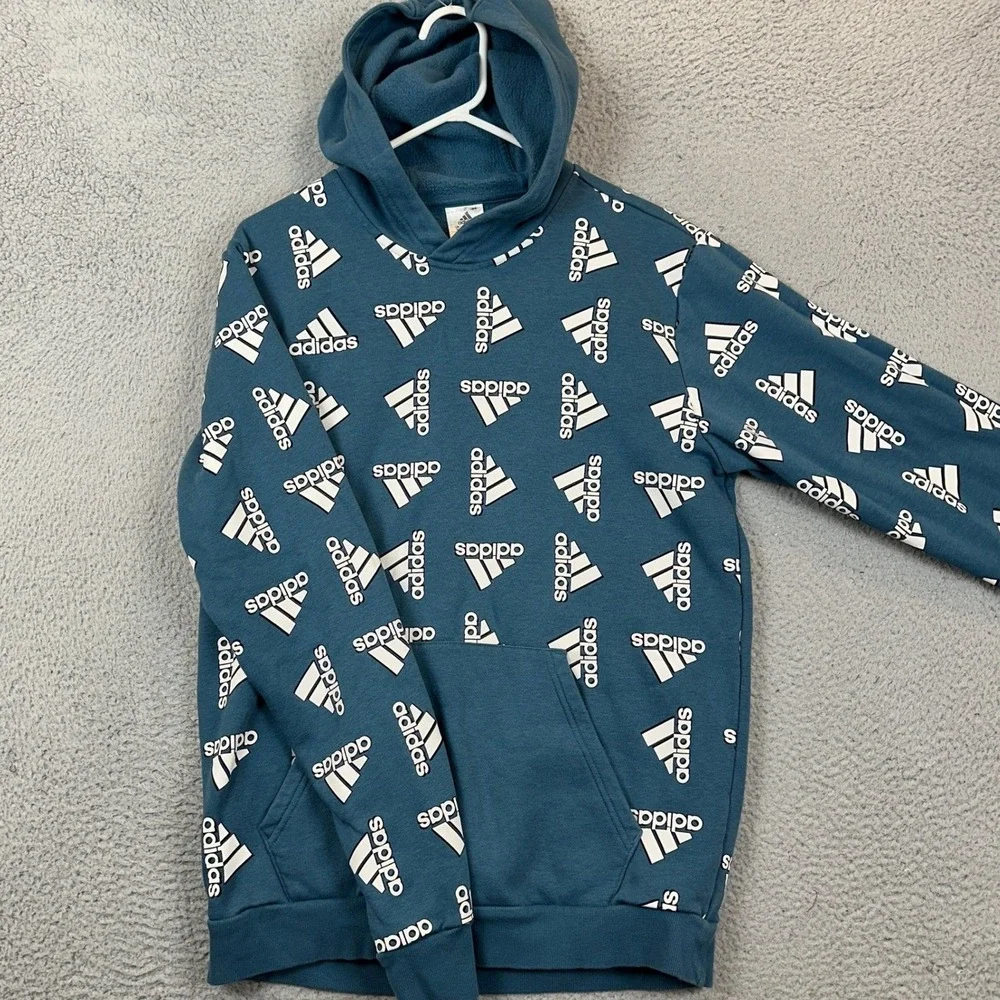 Adidas Hoodie Mens Medium Teal Blue White All Over Logo Print Graphic Sweatshirt